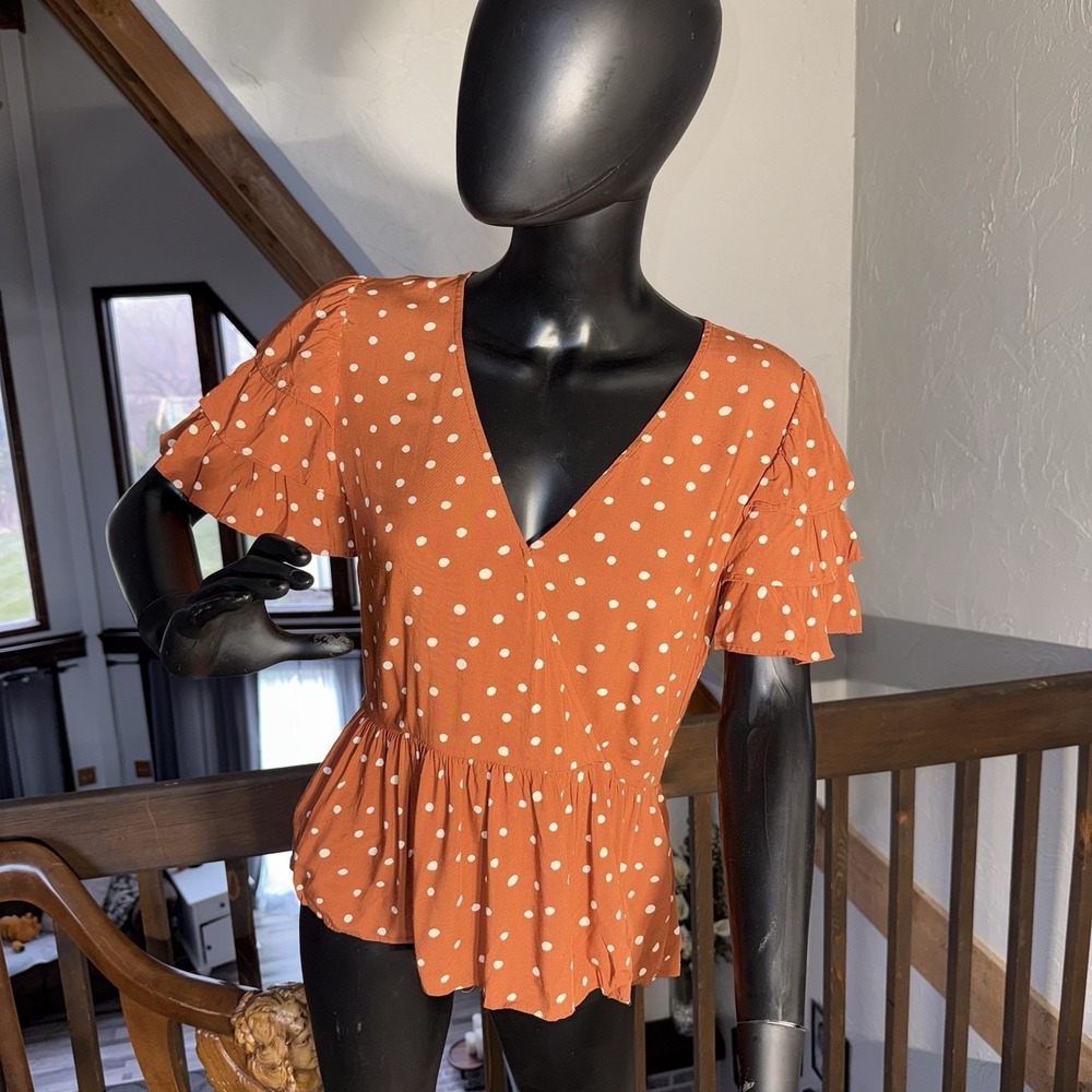 Madewell Tiered-Sleeve Peplum Top Inkspot Dot Burnt Clay Faux Wrap W SZ 0 ✅Desc.